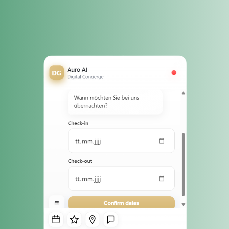 Verfügbarkeit prüfen und Zimmer durch Auro AI anfragen. Schnell und einfach personalisierte Angebote erhalten.